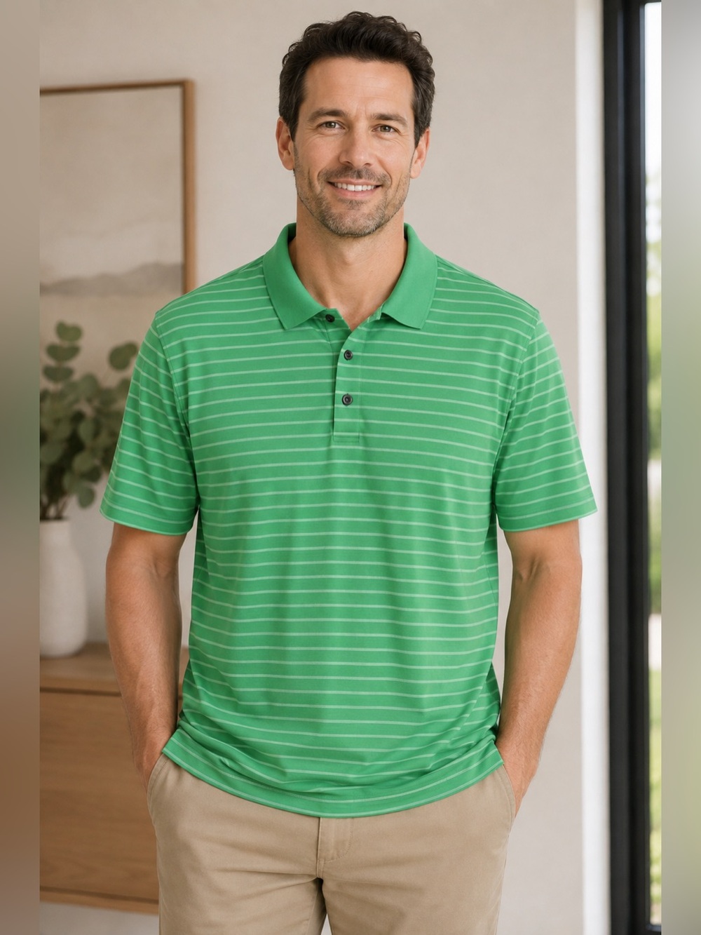 Chase54 Men's 2XL Golf Polo Green Stripe Short Sleeves Active Stretch Hiking